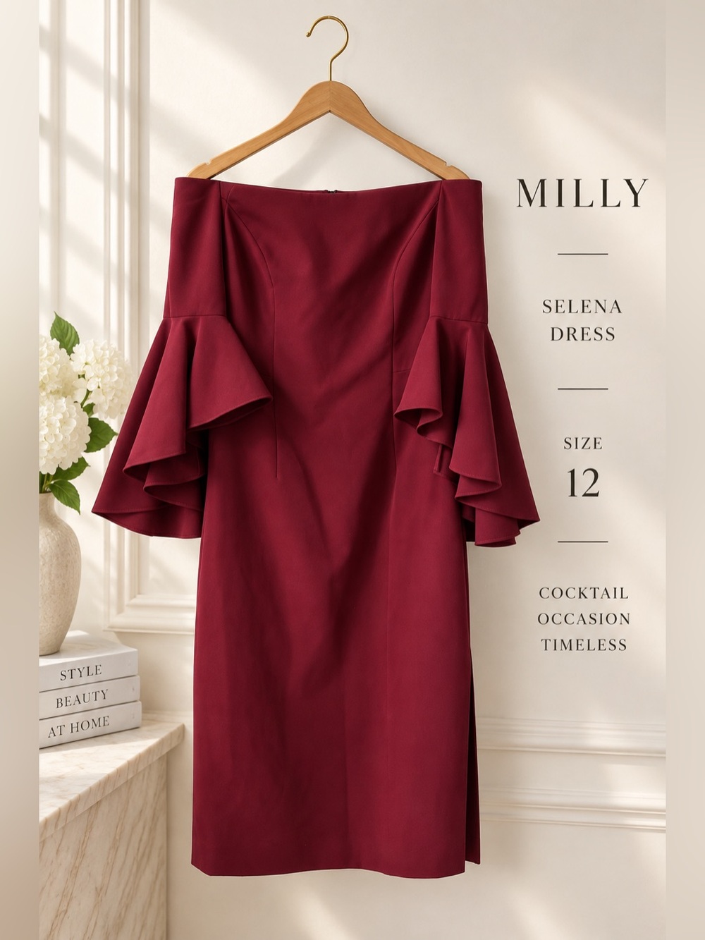 Milly Selena Off Shoulder Bell Sleeve Dress Bordeaux Size 12